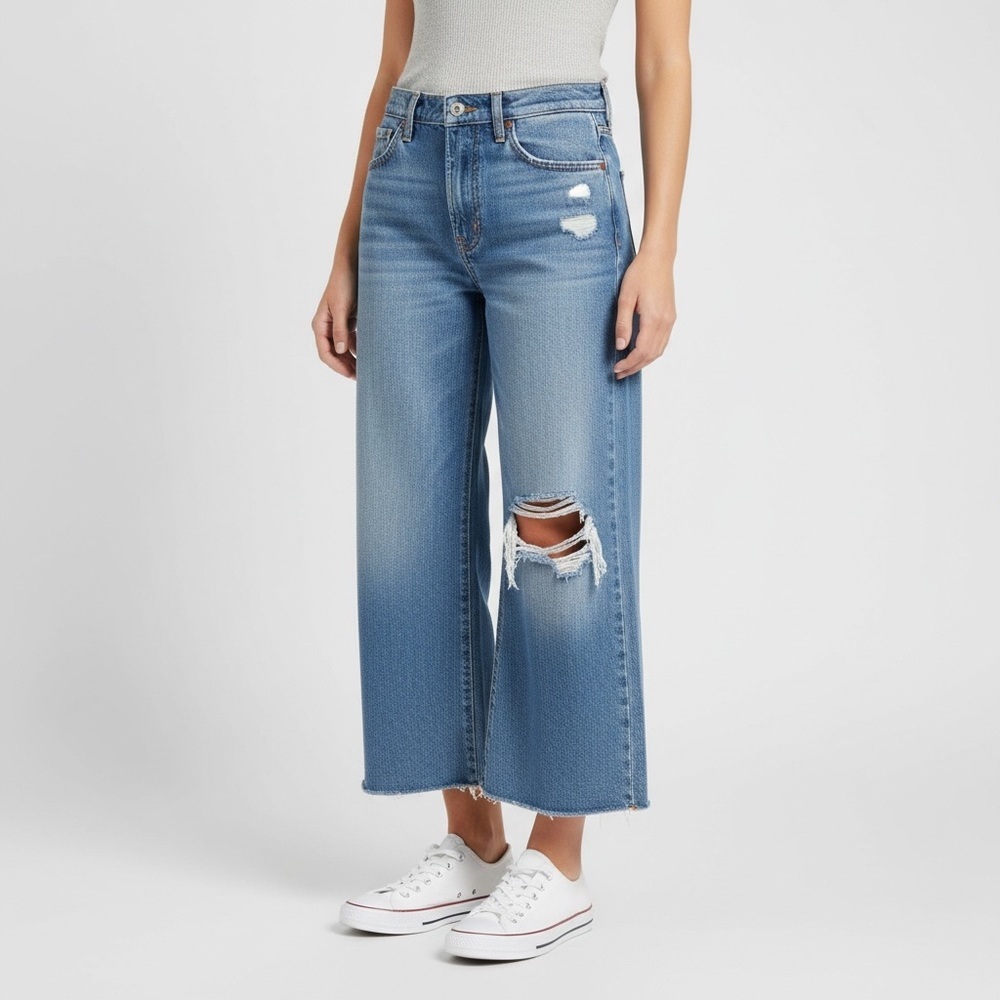 DAZE Denim Cropped Wide Leg Distressed Blue Jeans